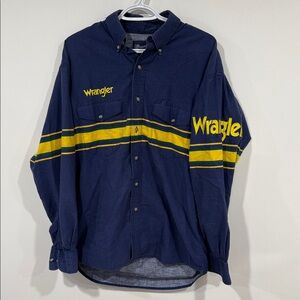Vintage Wrangler Men's Blue and Yellow Long Sleeve Button Up Shirt